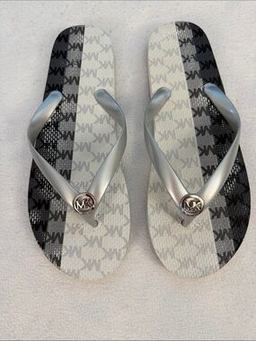 Michael Kors Silver Strap Flip Flops with Black & Gray MK Print